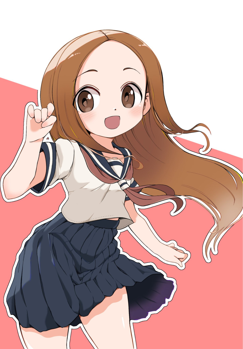 1girl, blue_sailor_collar, blue_skirt, brown_eyes, brown_hair, commentary_request, cowboy_shot, hand_up