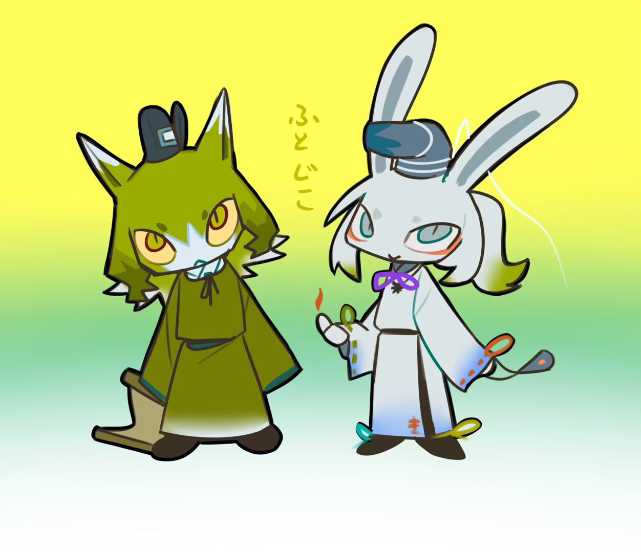 2girls, adapted_costume, aegyo_sal, animal_ears, aqua_background, black_hat, black_ribbon, black_shoes