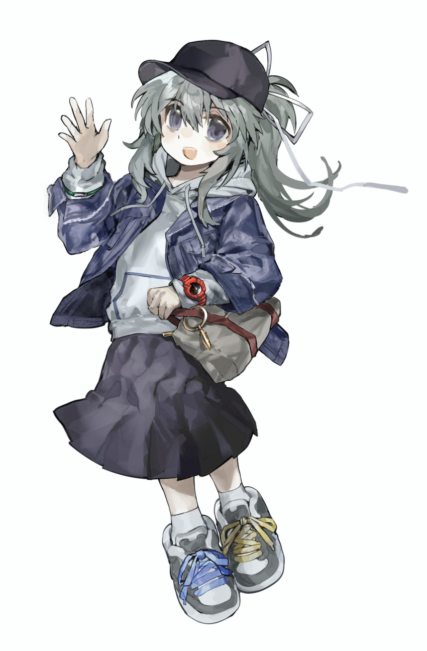 1girl, alternate_costume, asymmetrical_footwear, bag, bag_charm, baseball_cap, black_hat, black_skirt