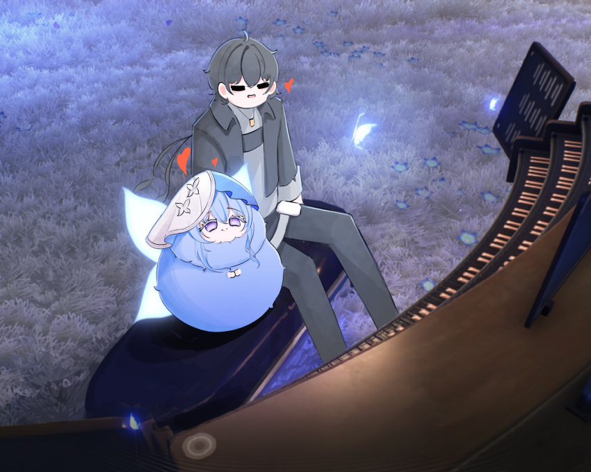 1boy, animalization, black_jacket, black_pants, blue_butterfly, blue_hair, blue_veil, bug
