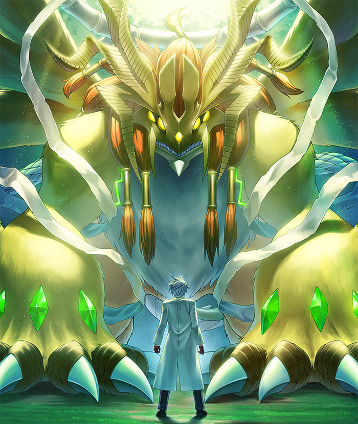 black_pants, coat, cool_boy_(digimon), dalphomon, digimon, digimon_(creature), digimon_card_game, digimon_liberator, extra_eyes, gem, glowing, grey_hair, kazuki_seihou, lab_coat, light_rays, official_art, orange_hair, pants, sharp_teeth, short_hair, solo_focus, standing, teeth, white_coat