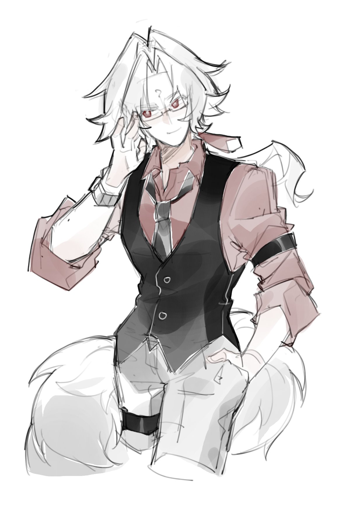 1boy, adjusting_eyewear, alternate_costume, black_necktie, black_vest, calx, closed_mouth, cropped_legs
