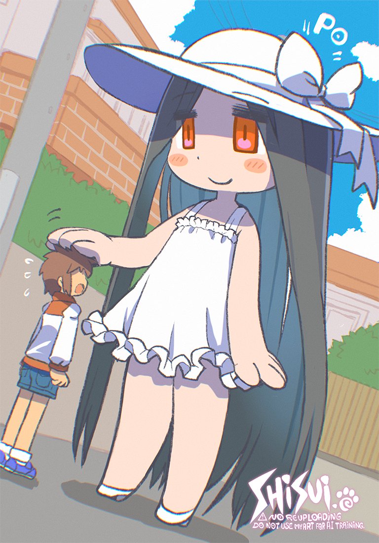 1boy, 1girl, black_hair, blush_stickers, bow, dot_nose, dress, dutch_angle