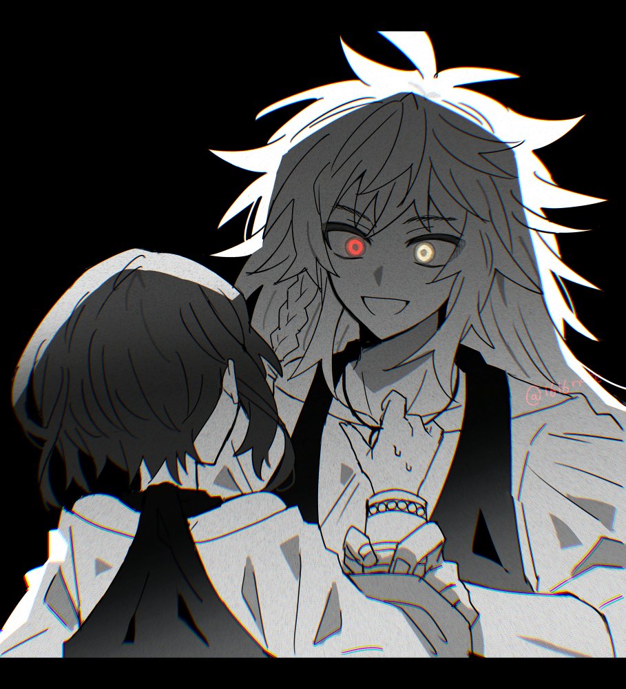 1616note, 1boy, 1girl, black_background, braid, commentary_request, greyscale, heterochromia, holding_another's_wrist, jewelry, king_of_prism, long_hair, looking_at_another, monochrome, necklace, open_mouth, pretty_rhythm, pretty_series, red_eyes, rinne_(pretty_rhythm), shine_(pretty_series), shirt, short_hair, side_braid, simple_background, smile, spot_color, upper_body, yellow_eyes