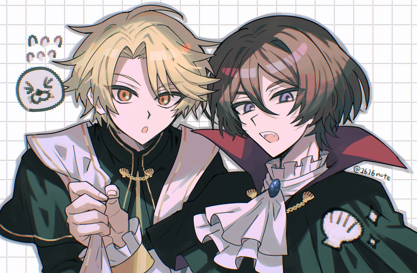 1616note, 2boys, :o, ascot, blonde_hair, brooch, brown_eyes, brown_hair