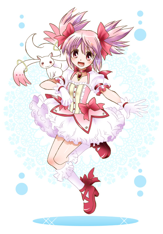 bow, choker, creature, dress, frills, gem, gloves, hair_ribbon, happy, kaname_madoka, kneehighs, kyubey, magical_girl, mahou_shoujo_madoka_magica, mary_janes, nagomi, nagomi_(nagomakumix), pink_hair, puffy_sleeves, red_eyes, ribbon, shoes, short_hair, short_twintails, twintails, white_gloves, white_legwear