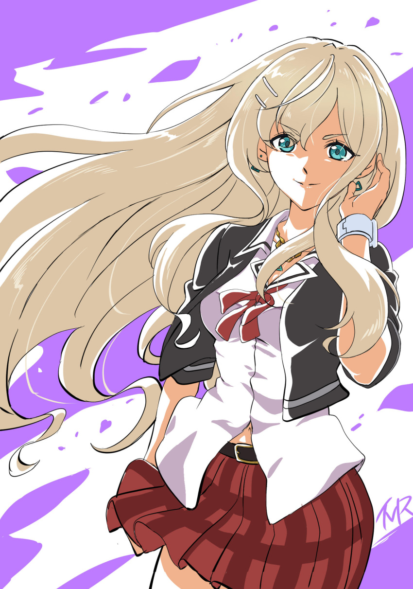 1girl, aqua_eyes, belt, black_belt, black_jacket, brown_hair, closed_mouth, commentary_request