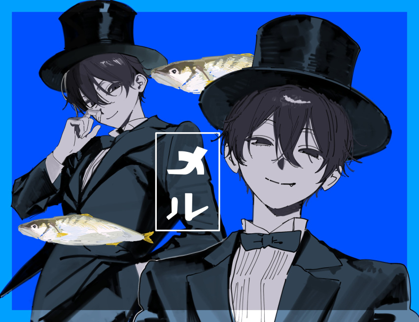 black_bow, black_bowtie, black_eyes, black_hair, black_jacket, black_suit, blue_background, border