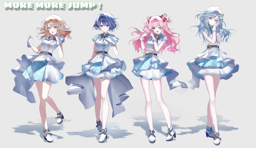 4girls, :d, ;d, absurdres, ankle_boots, arm_at_side, bare_arms, bare_legs, belt, black_belt, black_bow, black_bowtie, blue_eyes, blue_hair, boots, bow, bowtie, breasts, brown_hair, buttons, cat_ear_heart_hands, closed_mouth, clover_brooch, clover_hair_ornament, commentary, crossed_legs, dot_nose, double-breasted, fang, fold-over_boots, four-finger_heart_hands, full_body, grey_background, grey_eyes, grey_hair, group_name, hair_between_eyes, hair_bow, hair_ornament, hanasato_minori, hand_up, hands_up, heart, heart_hands, high_heels, highres, hinomori_shizuku, idol, idol_clothes, jacket, johyang_e, kiritani_haruka, layered_skirt, light_blush, long_hair, looking_at_viewer, medium_breasts, medium_hair, midriff_peek, momoi_airi, more_more_jump!_(project_sekai), multiple_girls, one_eye_closed, open_mouth, overskirt, pink_eyes, pink_hair, plaid_clothes, plaid_collar, plaid_skirt, project_sekai, red_bow, shadow, short_hair, short_sleeves, sidelocks, simple_background, skirt, small_breasts, smile, solo, standing, twitter_username, two_side_up, watson_cross, white_boots, white_jacket, white_skirt, white_wrist_cuffs, wing_hair_ornament, wrist_cuffs