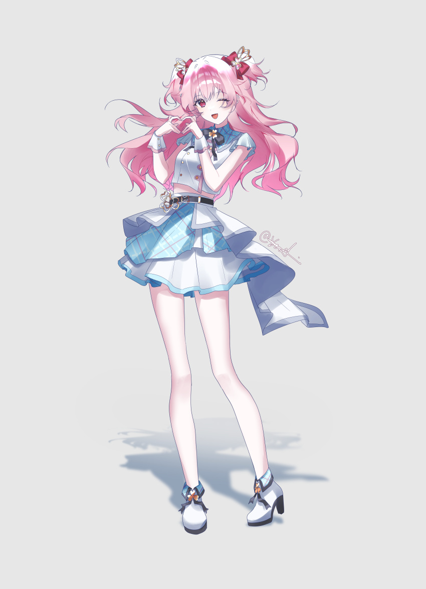 1girl, ;d, absurdres, ankle_boots, bare_arms, bare_legs, belt, black_belt, black_bow, black_bowtie, boots, bow, bowtie, breasts, buttons, cat_ear_heart_hands, clover_brooch, clover_hair_ornament, commentary, dot_nose, double-breasted, fang, fold-over_boots, four-finger_heart_hands, full_body, grey_background, hair_between_eyes, hair_bow, hair_ornament, hands_up, heart, heart_hands, high_heels, highres, idol, idol_clothes, jacket, johyang_e, layered_skirt, light_blush, long_hair, looking_at_viewer, medium_breasts, midriff_peek, momoi_airi, one_eye_closed, open_mouth, overskirt, pink_eyes, pink_hair, plaid_clothes, plaid_collar, plaid_skirt, project_sekai, red_bow, shadow, short_sleeves, sidelocks, simple_background, skirt, smile, solo, standing, twitter_username, two_side_up, white_boots, white_jacket, white_skirt, white_wrist_cuffs, wing_hair_ornament, wrist_cuffs