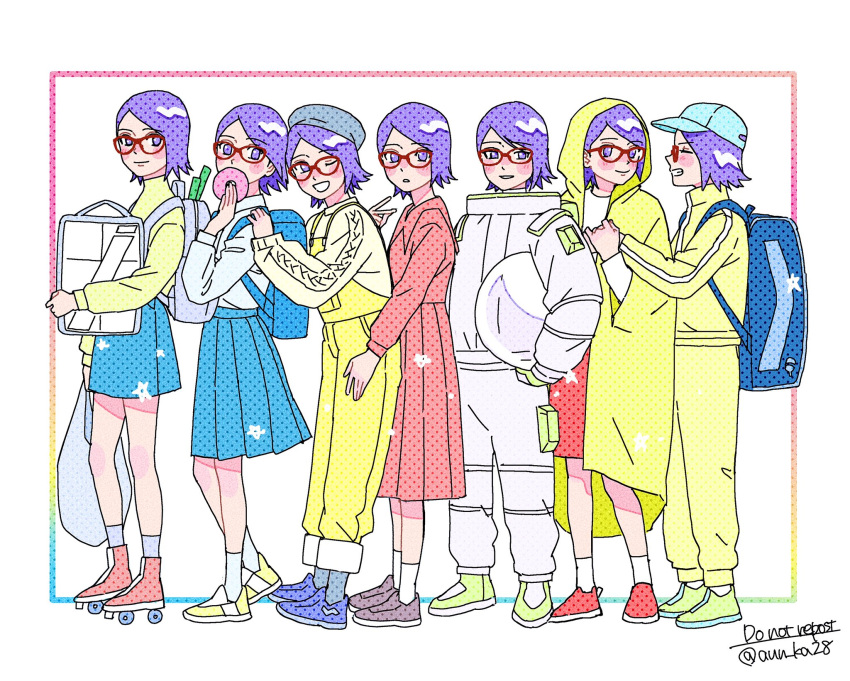 6+girls, alternate_eye_color, alternate_hair_color, backpack, bag, baseball_cap, blue_shoes, boruto:_naruto_next_generations
