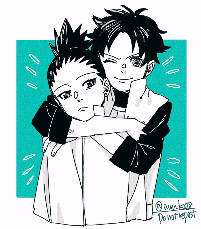 1boy, 1girl, aqua_background, boruto:_naruto_next_generations, commentary_request, earrings, frown, greyscale_with_colored_background, highres, hug, hug_from_behind, jacket, jewelry, nara_shikadai, naruto_(series), one_eye_closed, onka_(aun_ka28), sarutobi_mirai, short_hair, smile, stud_earrings, topknot, twitter_username, vest