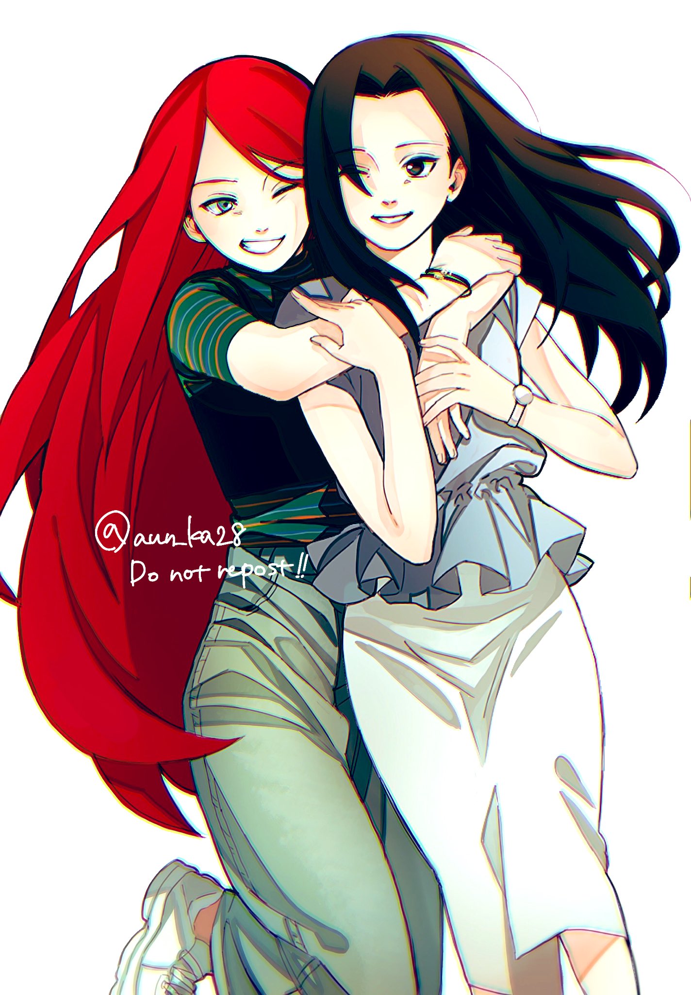 2girls, black_eyes, black_hair, blue_shirt, bracelet, chromatic_aberration, commentary_request, denim, denim_skirt, forehead, green_eyes, green_skirt, grin, highres, hug, hug_from_behind, jewelry, long_hair, long_skirt, medium_skirt, multiple_girls, naruto_(series), one_eye_closed, onka_(aun_ka28), red_hair, shirt, shoes, skirt, smile, sneakers, striped_clothes, striped_shirt, twitter_username, uchiha_mikoto, uzumaki_kushina, very_long_hair, watch, watch, white_shoes, white_skirt