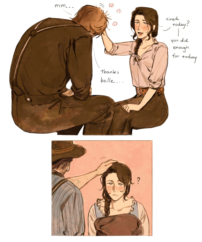 ..., 1boy, 1girl, :<, ?, arthur_morgan, back, beard_stubble