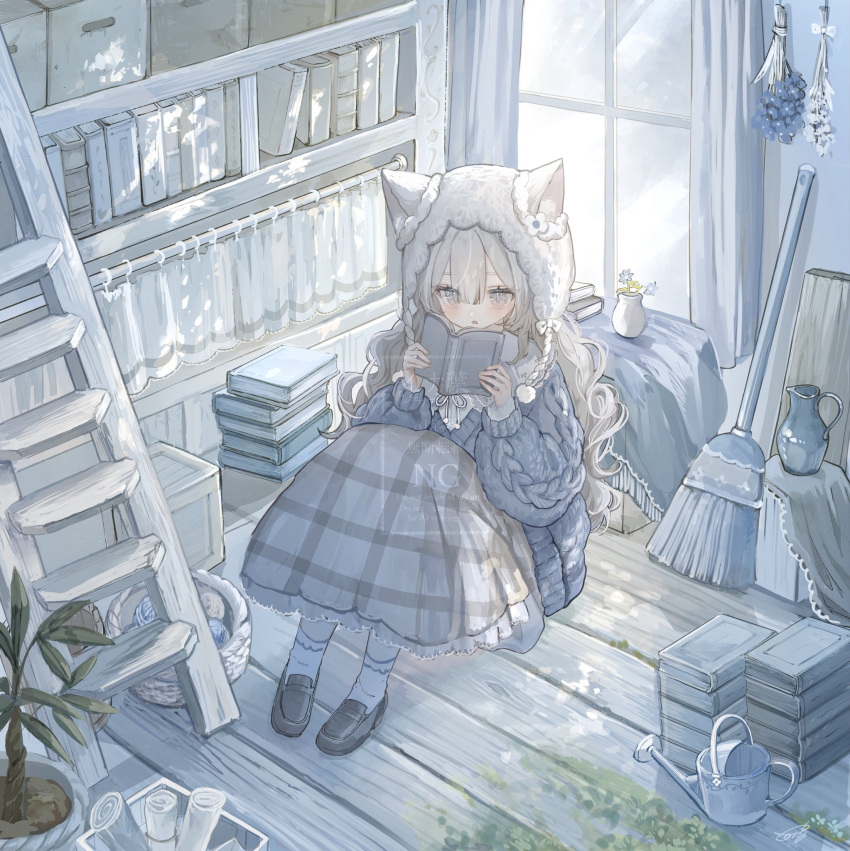 1girl, animal_ears, animal_hat, basket, blush, bobby_socks, book, book_stack