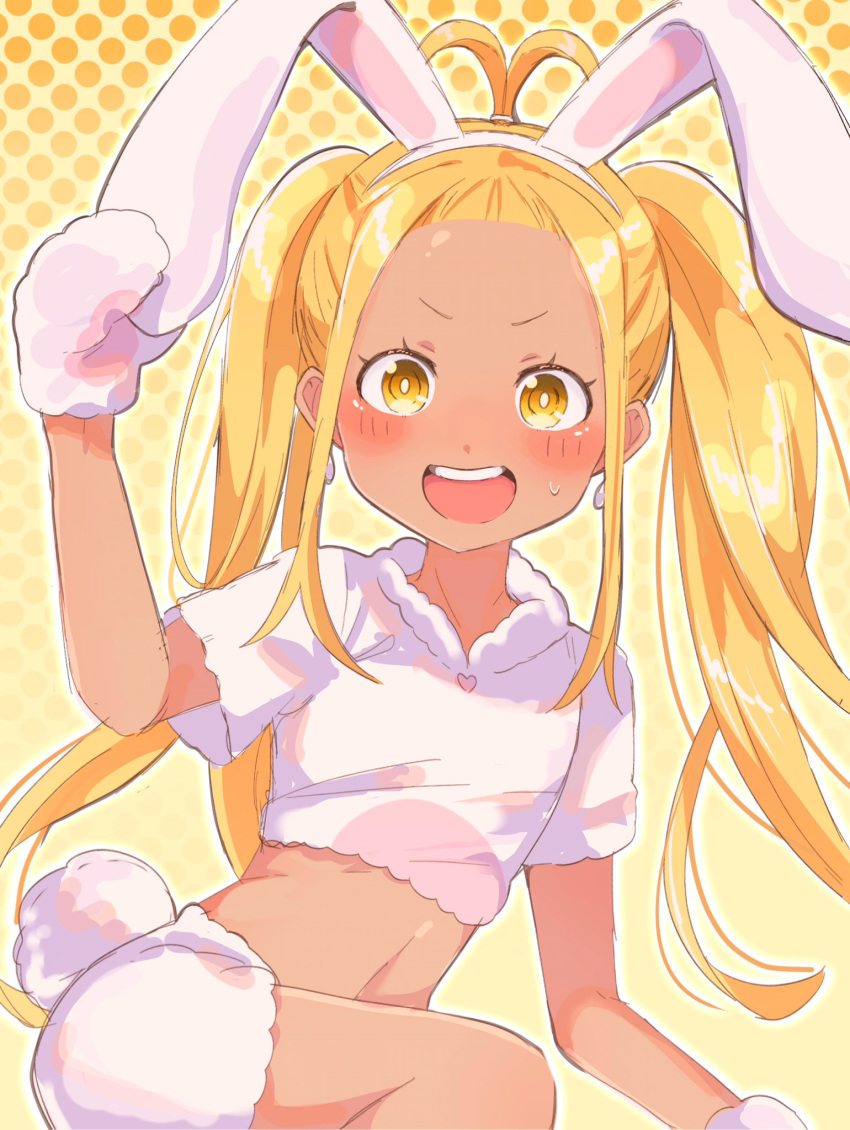 1girl, :d, animal_costume, animal_ears, animal_hands, blonde_hair, blush, crop_top
