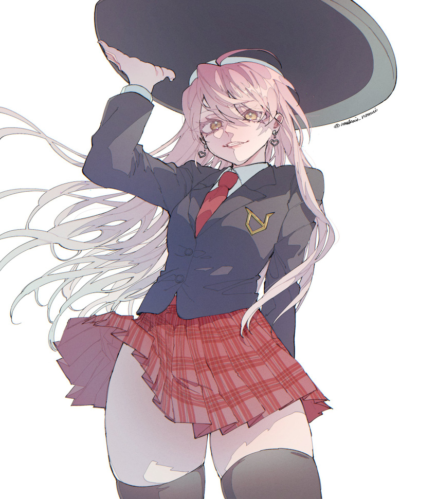 absurdres, black_hat, black_shirt, black_thighhighs, breasts, earrings, gina_(undead_unluck), hat