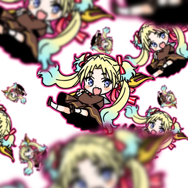 1girl, :d, blonde_hair, blue_eyes, blue_hair, blush, blush_stickers, chibi