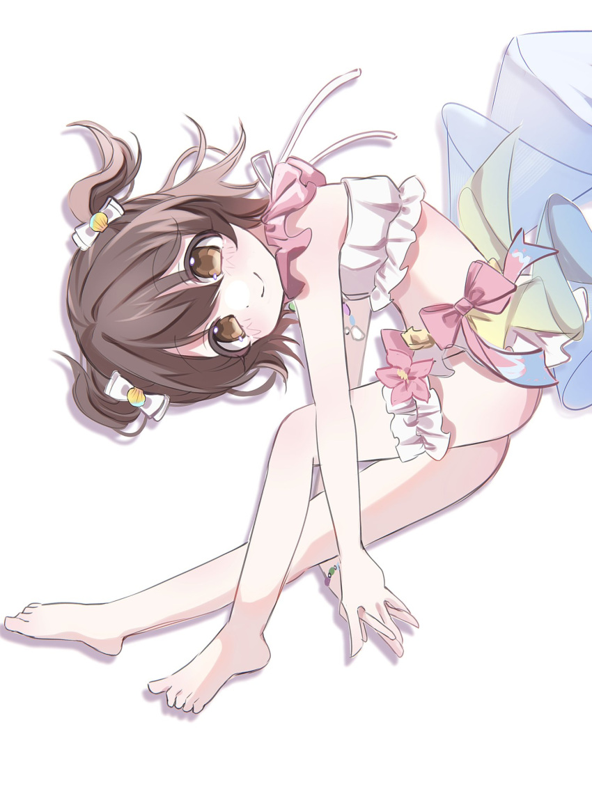 1girl, akagi_miria, back_bow, barefoot, bikini, blush, bow, bracelet