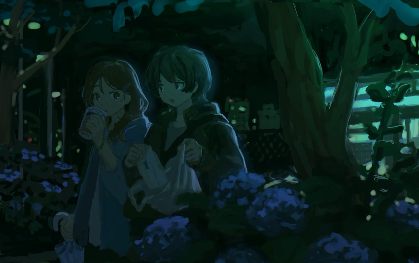 2girls, bag, black_hair, blue_jacket, blurry, blurry_background, bracelet, brown_hair
