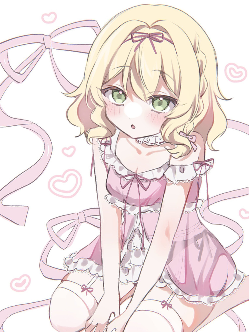 1girl, :o, babydoll, black_panties, blonde_hair, blush, braid, collarbone, commentary_request, dgarlx, frilled_babydoll, garter_straps, green_eyes, headband, heart, highres, idolmaster, idolmaster_cinderella_girls, medium_hair, open_mouth, panties, pink_babydoll, pink_headband, pink_ribbon, ribbon, sakurai_momoka, see-through_clothes, simple_background, sitting, solo, solo_focus, thigh-highs, underwear, wariza, white_background, white_thighhighs