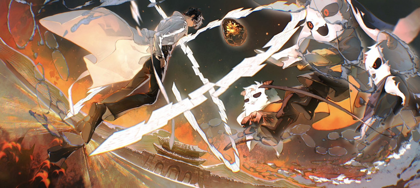 1boy, 3others, atmospheric_perspective, bihyung, biyoo_(omniscient_reader's_viewpoint), black_hair, black_robe, black_sclera