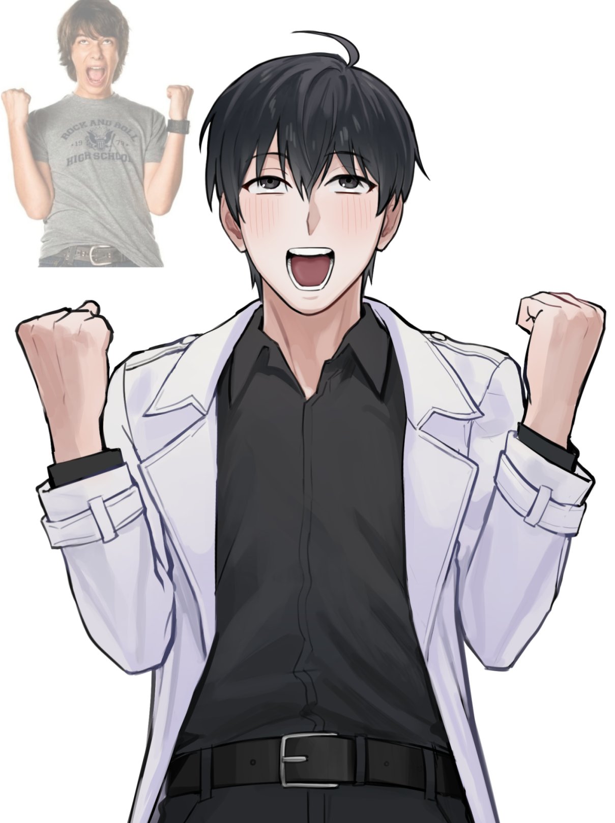 1boy, :d, ahoge, belt, black_eyes, black_hair, black_shirt, blush