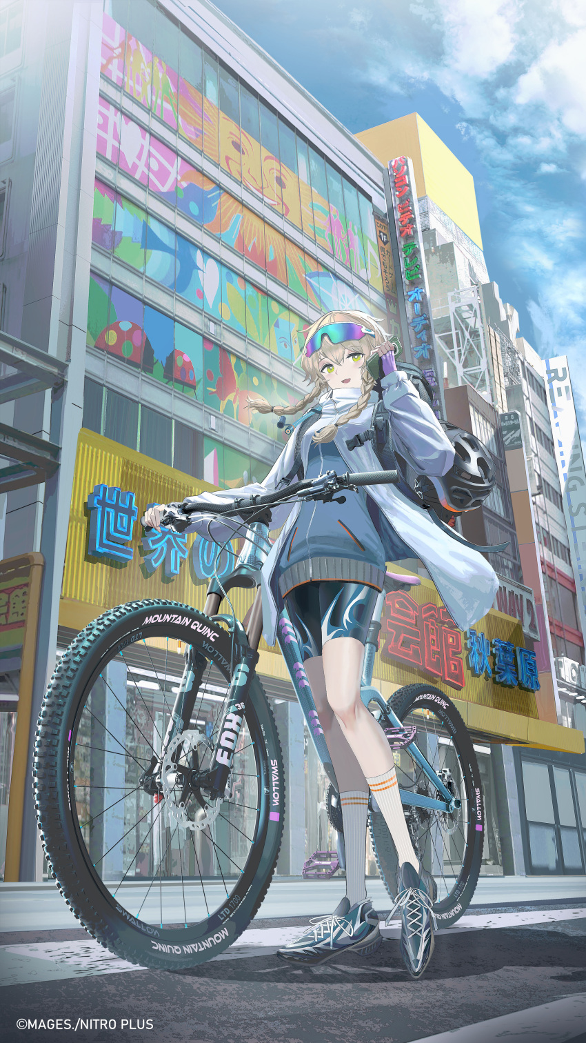 1girl, absurdres, akihabara_(tokyo), akihabara_radio_kaikan, amane_suzuha, bicycle, bike_shorts, braid, breasts, brown_hair, chiyoda_(tokyo), commentary_request, highres, jacket, long_hair, mountain_bicycle, official_art, open_mouth, real_world_location, science_adventure, solo, steins;gate, swav, tokyo_(city), track_jacket, twin_braids, yellow_eyes