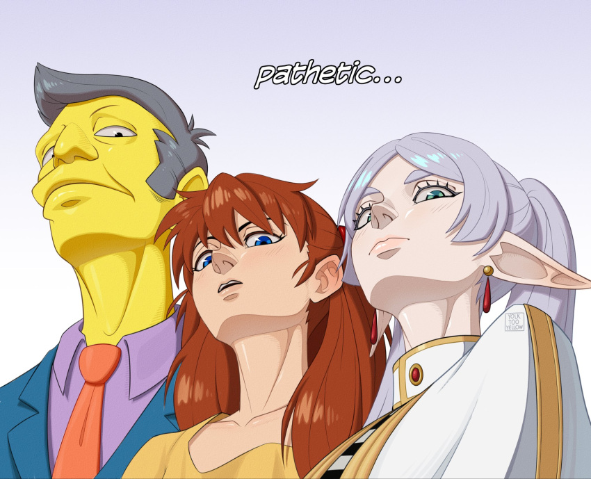 1boy, 2girls, artist_name, black_eyes, blue_eyes, blue_jacket, capelet, colored_skin, commentary, crossover, earrings, elf, english_commentary, english_text, frieren, frown, gold_trim, green_eyes, grey_hair, hair_over_shoulder, half-closed_eyes, head_back, highres, jacket, jewelry, lapels, long_hair, long_pointy_ears, looking_at_viewer, meme, multiple_crossover, multiple_girls, neon_genesis_evangelion, nose, notched_lapels, orange_hair, parted_bangs, parted_lips, pathetic_(meme), pointy_ears, purple_shirt, seymour_skinner, shirt, simple_background, souryuu_asuka_langley, sousou_no_frieren, striped_clothes, striped_shirt, teardrop_earrings, the_simpsons, thick_eyebrows, twintails, upper_body, upward_angle_frieren_drawing_(meme), white_background, white_capelet, yellow_shirt, yellow_skin, yolk_too_yellow