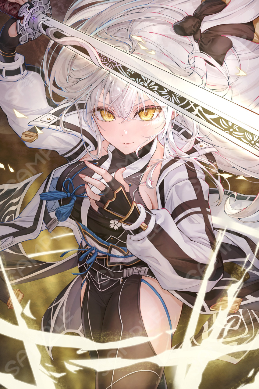1girl, absurdres, black_bow, black_thighhighs, blue_eyes, bow, breasts, closed_mouth