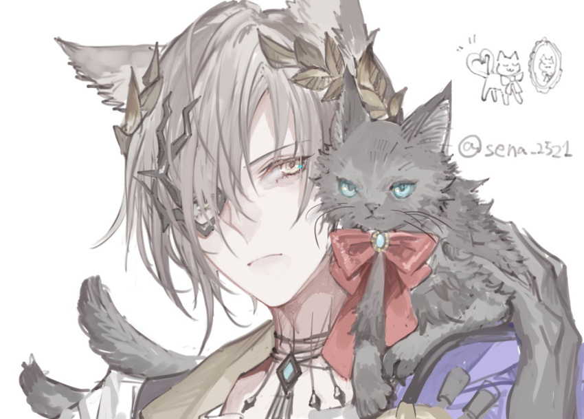 1boy, animal_ears, animal_on_shoulder, arknights, black_cat, black_gloves, blue_eyes, brown_hair
