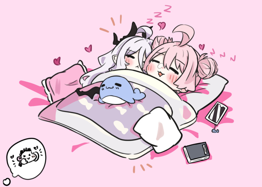 2girls, ahoge, blue_archive, cellphone, chibi, chibi_only, commentary, doodle_sensei_(blue_archive)