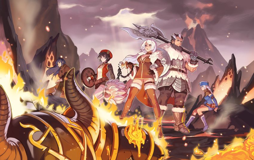 2boys, 3girls, absurdres, arm_wrap, armor, armored_boots, axe, badge