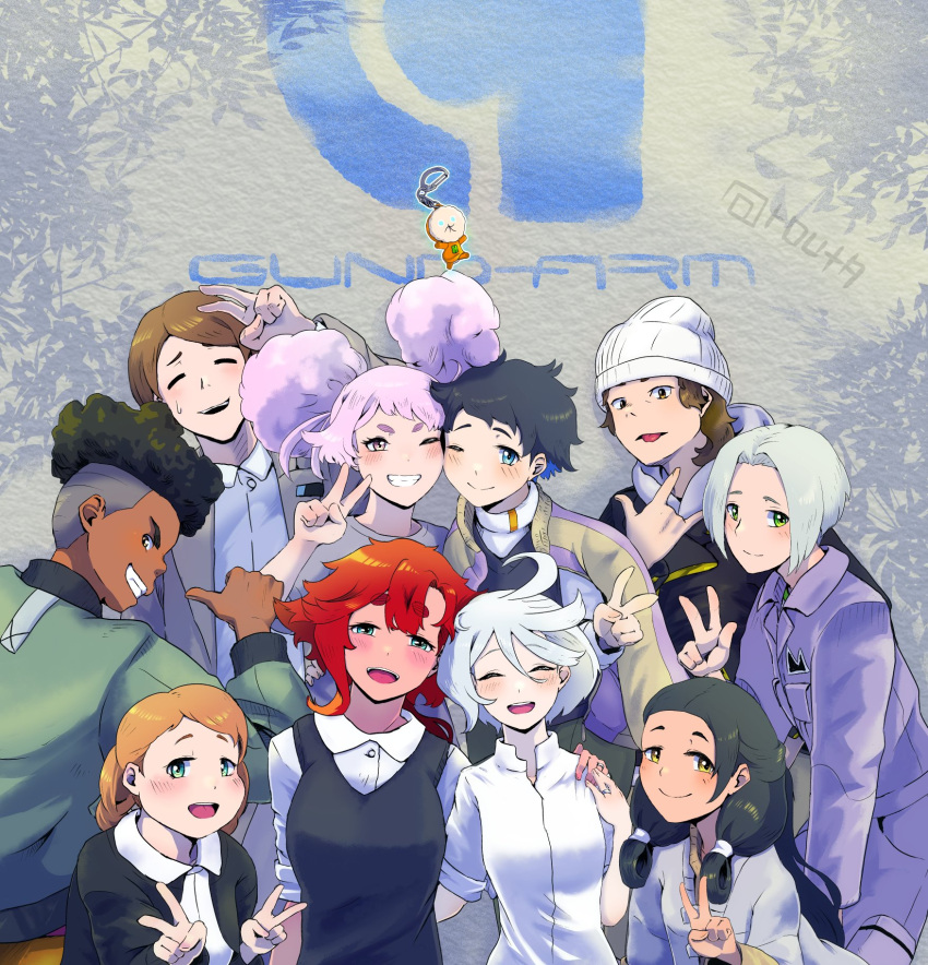 2girls, 4boys, 6+girls, afro, aliya_mahvash, aqua_eyes, beanie, black_hair