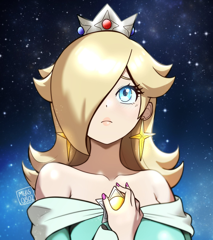 1girl, artist_name, bare_shoulders, blonde_hair, blue_eyes, brooch, closed_mouth, collarbone