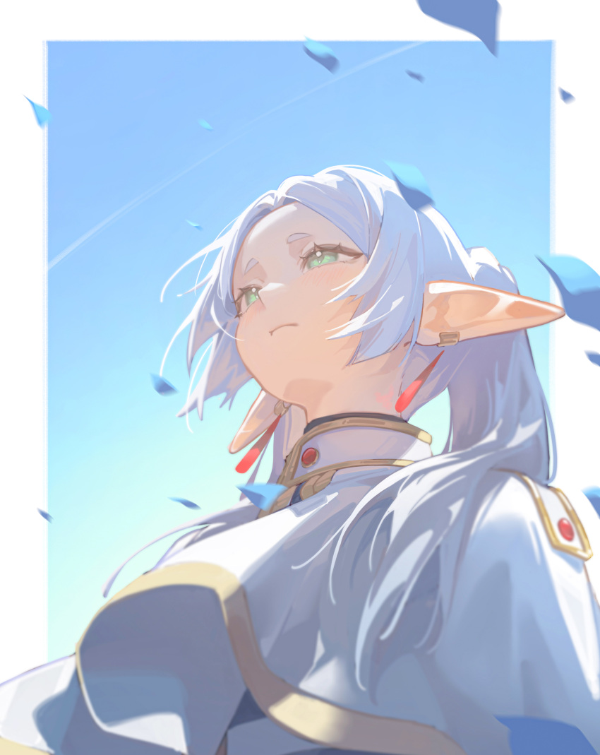 1girl, absurdres, blue_petals, blue_sky, capelet, commentary, earrings, elf