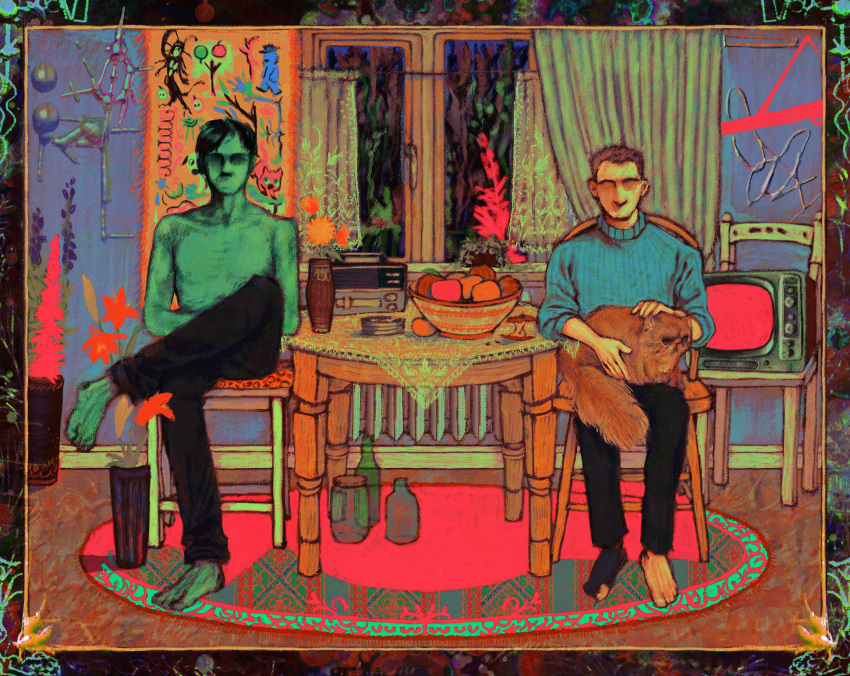 2boys, barefoot, black_hair, blue_sweater, bottle, brown_hair, cat, cat_(no_i'm_not_a_human)