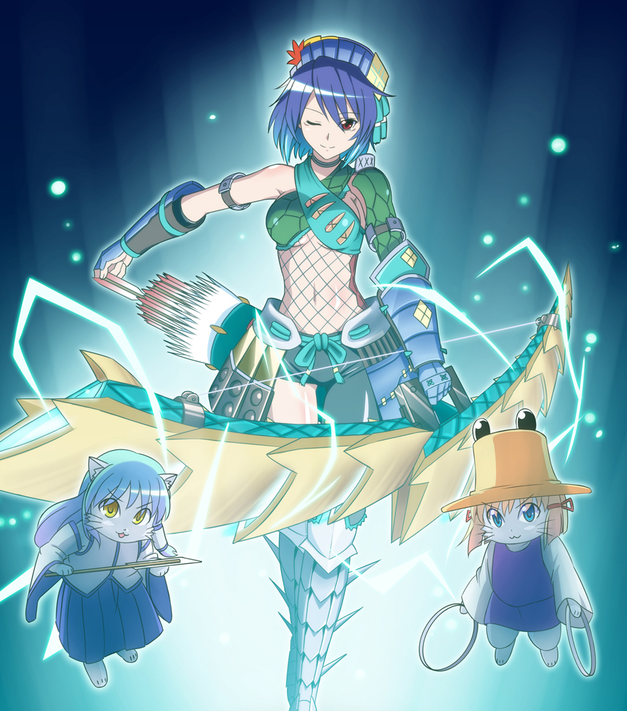 animalization, armor, blue_hair, bow_(weapon), breasts, capcom, cat, felyne, fishnets, gradient_hair, h-new, hat, jhen_mohran, jhen_mohran_(armor), jinouga_(armor), kochiya_sanae, midriff, monster_hunter, monster_hunter_portable_3rd, moriya_suwako, multicolored_hair, nargacuga_(armor), naruga_(armor), navel, touhou, underboob, weapon, yasaka_kanako