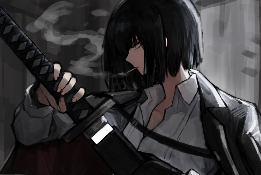 1girl, badnick69_(camchi), black_hair, black_jacket, bob_cut, cigarette, collarbone, commentary_request