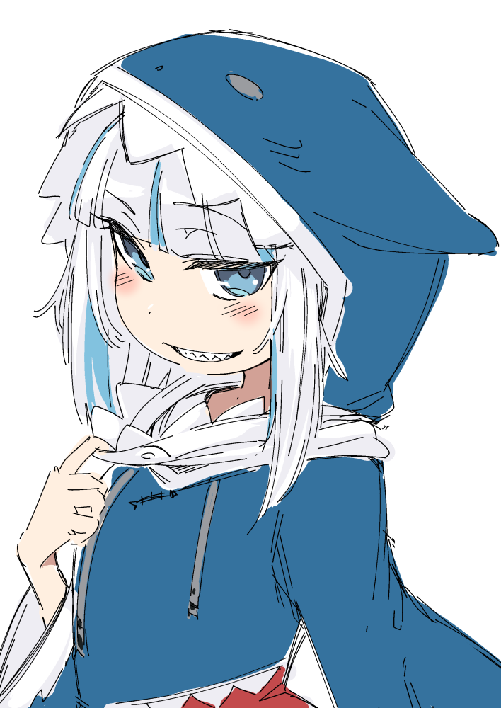 1girl, blue_eyes, blue_hair, blue_hoodie, blunt_bangs, blush, gawr_gura, grin, hololive, hololive_english, holomyth, hood, hoodie, long_sleeves, looking_at_viewer, multicolored_hair, sidelocks, simple_background, simulated_facial, smile, solo, sturkey, two-tone_hair, upper_body, virtual_youtuber, white_background