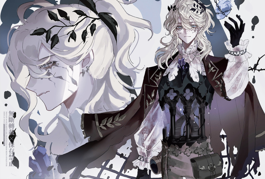 1boy, absurdres, androgynous, bishounen, black_gloves, blonde_hair, blue_eyes, brown_jacket, brown_pants, expressionless, face_gems, fang, feathers, frilled_sleeves, frills, gloves, gold_trim, half_updo, heart_(organ), highres, hollow_body, identity_v, jacket, jacket_on_shoulders, laurel_crown, long_hair, luca_balsa, luca_balsa_(fugue_for_dawn), male_focus, multiple_views, official_alternate_costume, pants, portrait, profile, puffy_sleeves, scar, scar_on_cheek, scar_on_face, skin_fang, stitched_eye, straight-on, sushisushi_iiii, upper_body, wavy_hair