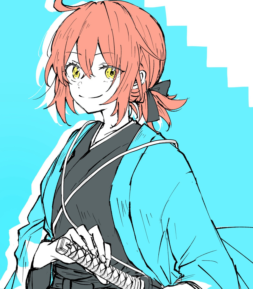 1girl, ahoge, black_bow, black_kimono, bow, closed_mouth, fate/grand_order, fate_(series)