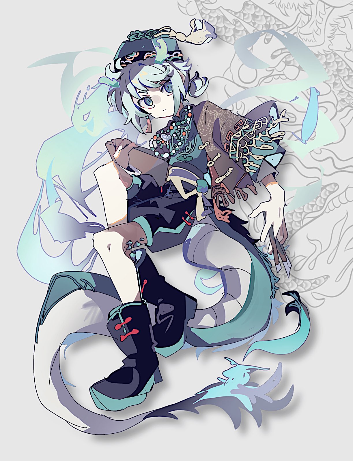 1boy, :/, androgynous, aqua_eyes, black_boots, boots, brown_capelet, capelet