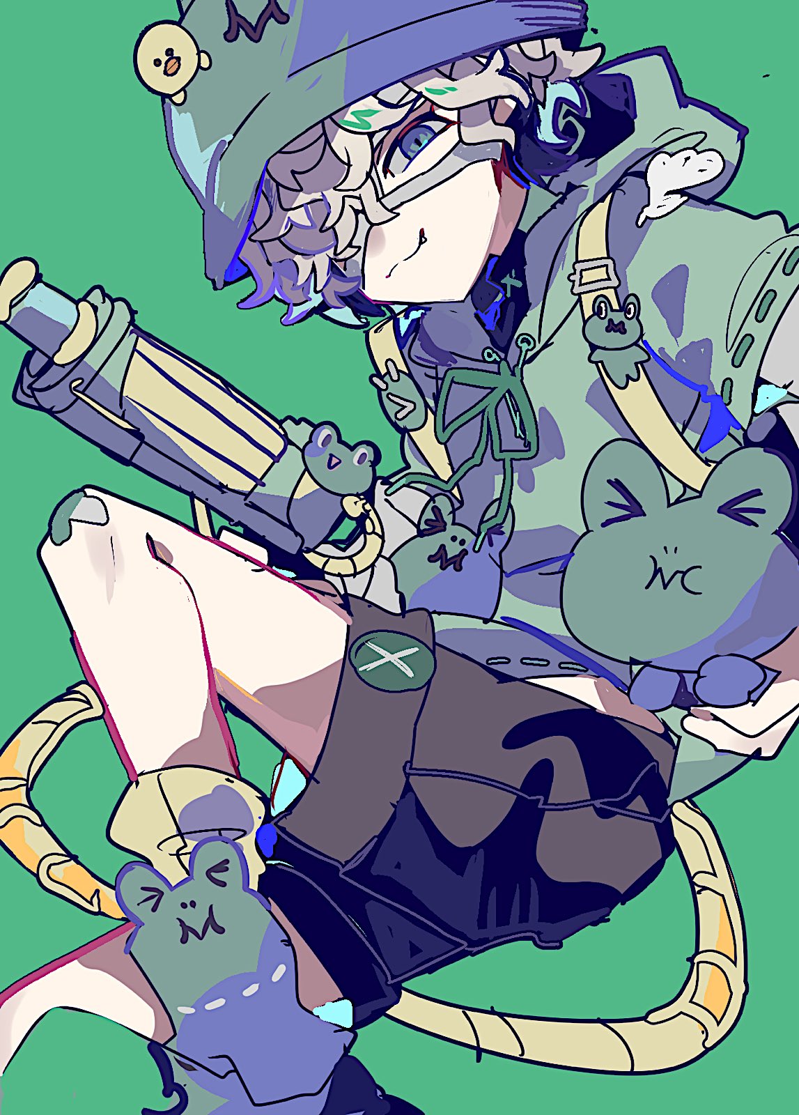 1boy, :3, bandage_over_one_eye, black_shorts, blonde_hair, blue_eyes, bucket_hat, curly_hair