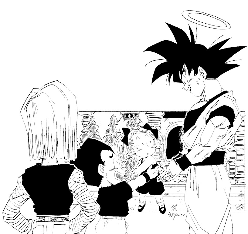 2boys, 2girls, android_18, artist_name, bow, closed_mouth, dougi, dragon_ball