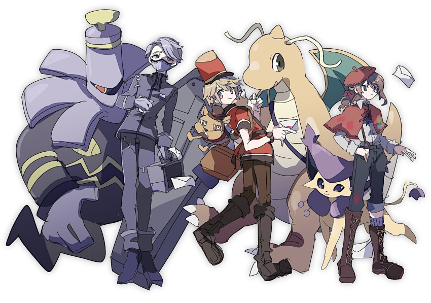 3boys, aesop_carl, asymmetrical_legwear, bag, beret, black_pants, blonde_hair, boots