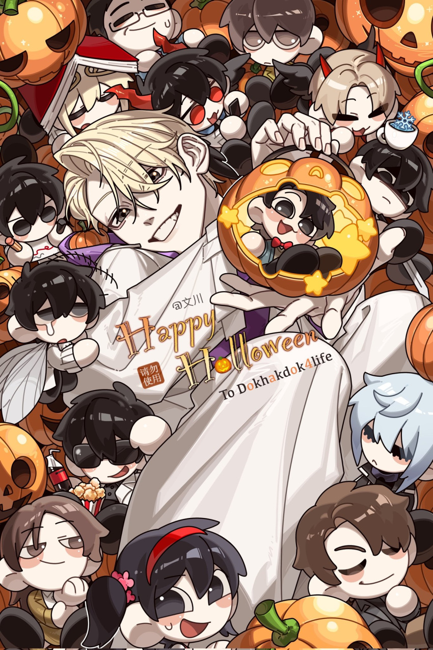 6+boys, aegyo_sal, black_eyes, blonde_hair, costume, crowded, grin, han_myungoh