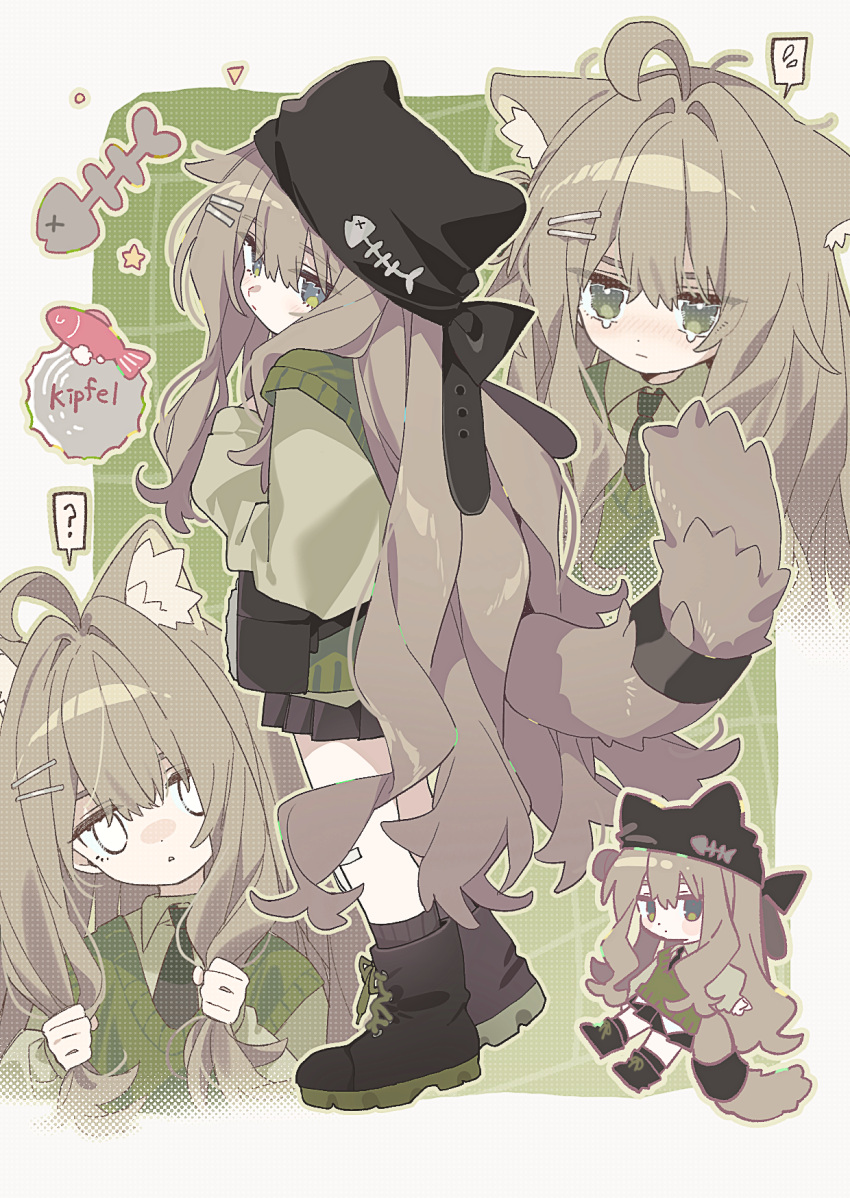 1girl, :o, ?, ahoge, animal_ears, animal_hat, bandaid, bandaid_on_knee