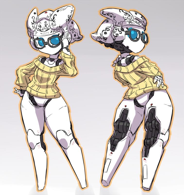 1girl, blue_eyes, drossel_von_flugel, fireball_(series), front_and_back, glasses, hand_on_own_hip, humanoid_robot, joints, no_mouth, robot, robot_girl, robot_joints, solo, sweater, thighs, yabe_makoto, yellow_sweater