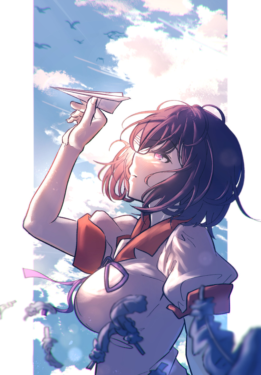 1girl, absurdres, black_hair, border, breasts, closed_mouth, clouds, cumulonimbus_cloud, day, feathers, from_side, hand_up, hanekawa_tsubasa, highres, juliet_sleeves, large_breasts, long_sleeves, monogatari_(series), naoetsu_high_school_uniform, otaichiichi, outdoors, outside_border, paper_airplane, pink_shirt, profile, puffy_sleeves, school_uniform, shirt, short_hair, short_sleeves, sky, solo, summer_uniform, upper_body, violet_eyes, white_border